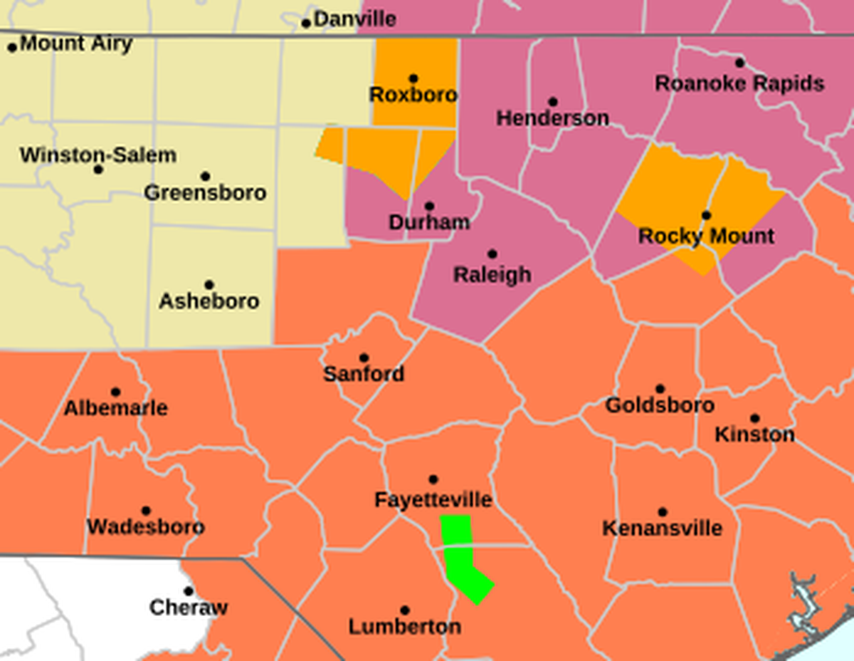 This National Weather Service map shows a heat advisory in orange and possible storms in light orange and purple across central North Carolina on Saturday, July 19, 2025.