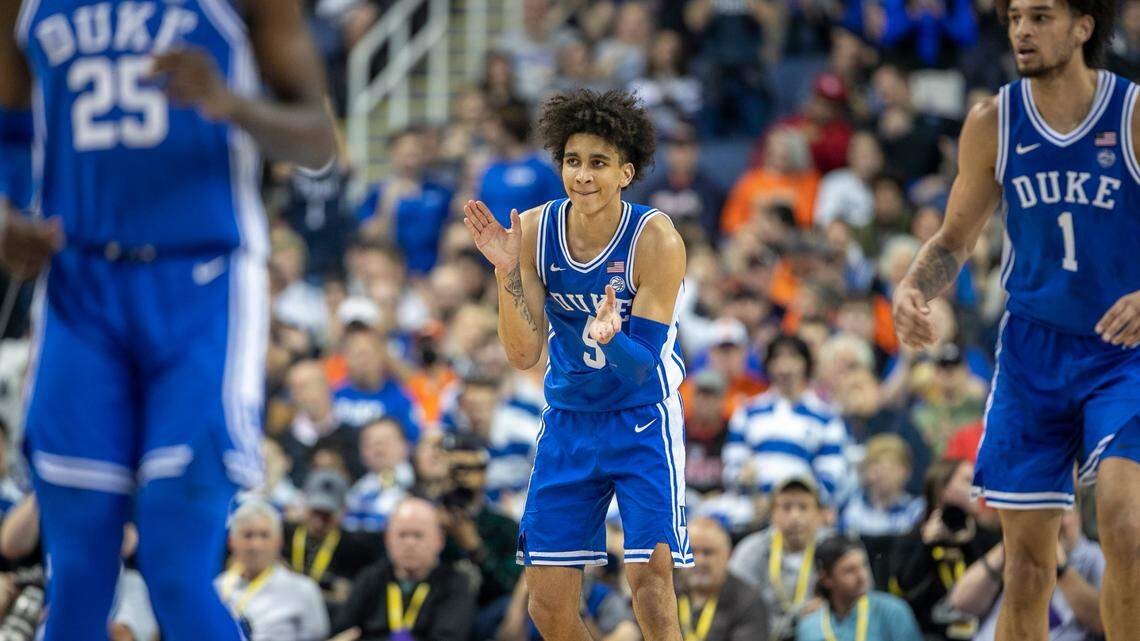 Duke’s Tyrese Proctor (5) applauds an early seven point lead by the Blue Devils against Miami during in the semi-finals of the ACC Tournament on Friday, March 10, 2023 at the Greensboro Coliseum in Greensboro, N.C.