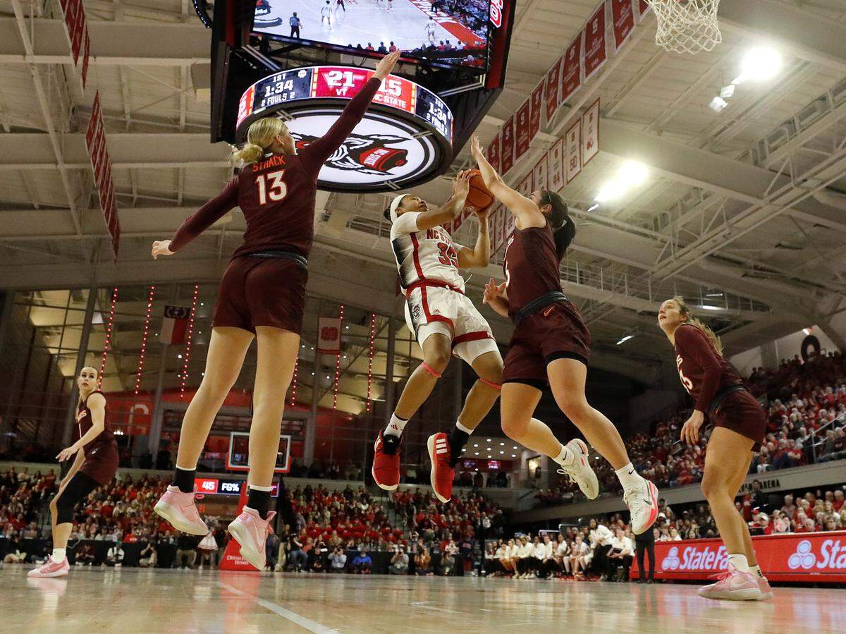 N.C. State’s Zoe Brooks drives to the basket during the first half of the Wolfpack’s 72-61 loss to Virginia Tech on Thursday, Feb. 8, 2024, at Reynolds Coliseum in Raleigh, N.C.