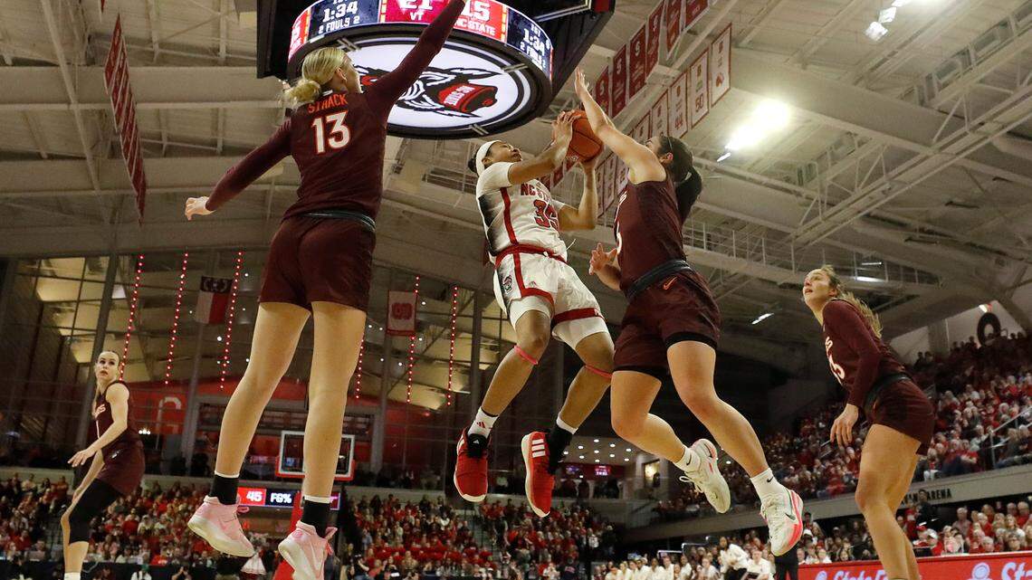 N.C. State’s Zoe Brooks drives to the basket during the first half of the Wolfpack’s 72-61 loss to Virginia Tech on Thursday, Feb. 8, 2024, at Reynolds Coliseum in Raleigh, N.C.