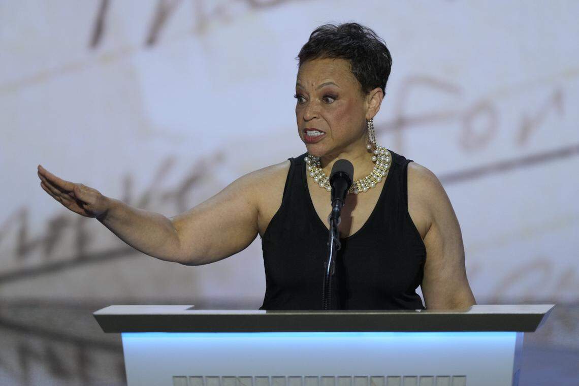 July 18, 2024; Milwaukee, WI, USA; Annette Albright, North Carolina school teacher and former corrections officer, speaks during the final day of the Republican National Convention at the Fiserv Forum. The final day of the RNC featured a keynote address by Republican presidential nominee Donald Trump. Mandatory Credit: Jasper Colt-USA TODAY