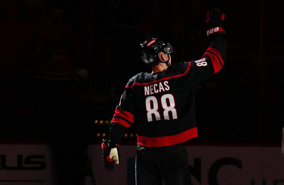Nov 5, 2024; Raleigh, North Carolina, USA; Carolina Hurricanes center Martin Necas (88) comes out onto the ice after their victory against the Philadelphia Flyers at Lenovo Center. Mandatory Credit: James Guillory-Imagn Images