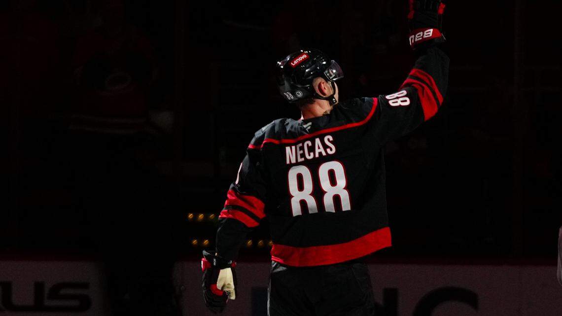 Nov 5, 2024; Raleigh, North Carolina, USA; Carolina Hurricanes center Martin Necas (88) comes out onto the ice after their victory against the Philadelphia Flyers at Lenovo Center. Mandatory Credit: James Guillory-Imagn Images