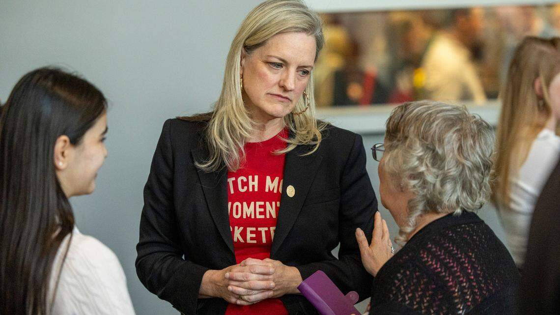 Raleigh Mayor Janet Cowell talks with constituents after delivering her State of the City address at the Raleigh Convention Center on Wednesday, March 26, 2025.