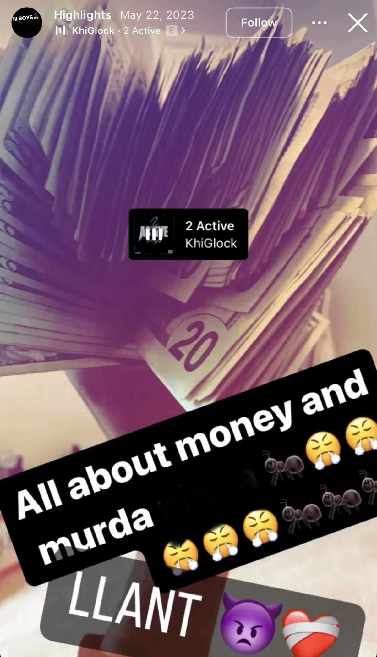 A screenshot of an Instagram story highlight on an account purportedly belonging to a teenager tied to a murder investigation in Durham. The story shows a stack of $20 bills with the caption “All about money and murda [expletive]” and references a memorial hashtag for a slain Durham teenager.