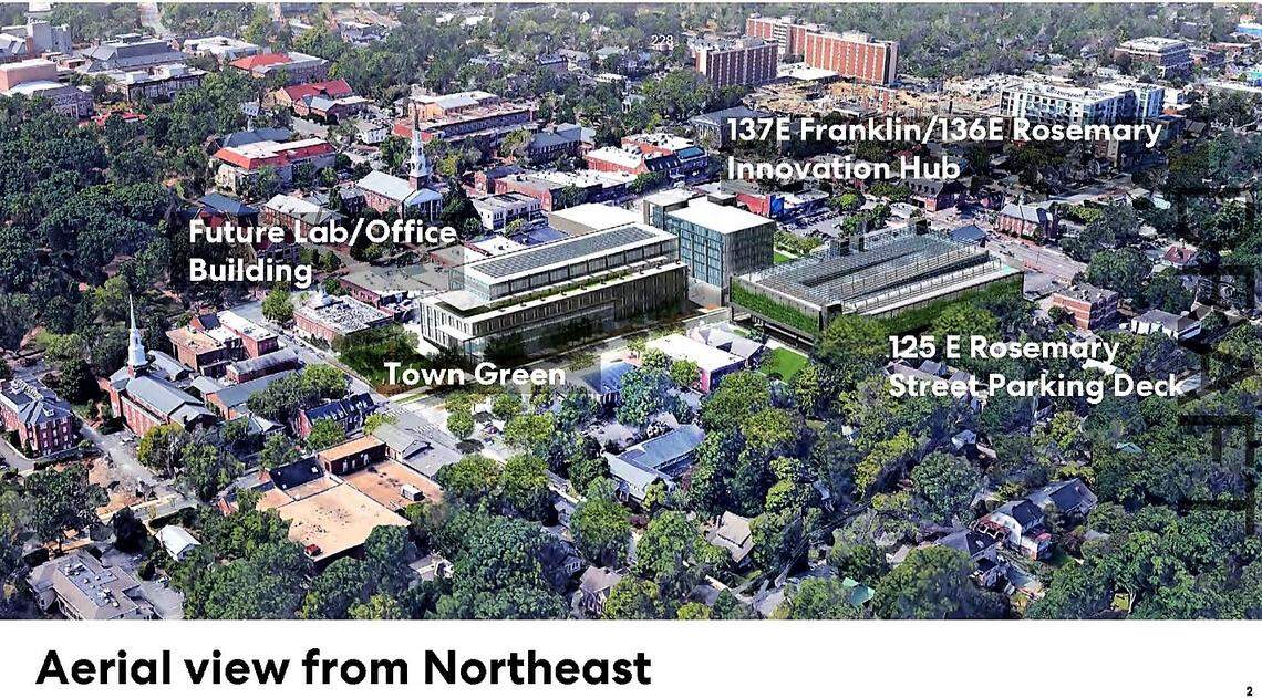 A rendering shows how the new East Rosemary Parking Garage, the Innovation Hub (former CVS building) and the future Grubb Properties office building could fit into the downtown landscape.