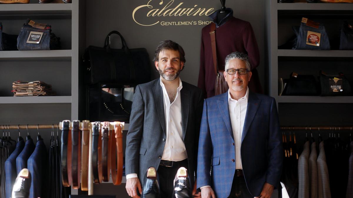 The 1,025-square-foot Raleigh shop Ealdwine is owned and operated by Jim Pietryka, left, and Matt Gray. The menswear shop was conceived with the offering of Alden shoes as its core with 47 separate styles of Alden shoes in-store.