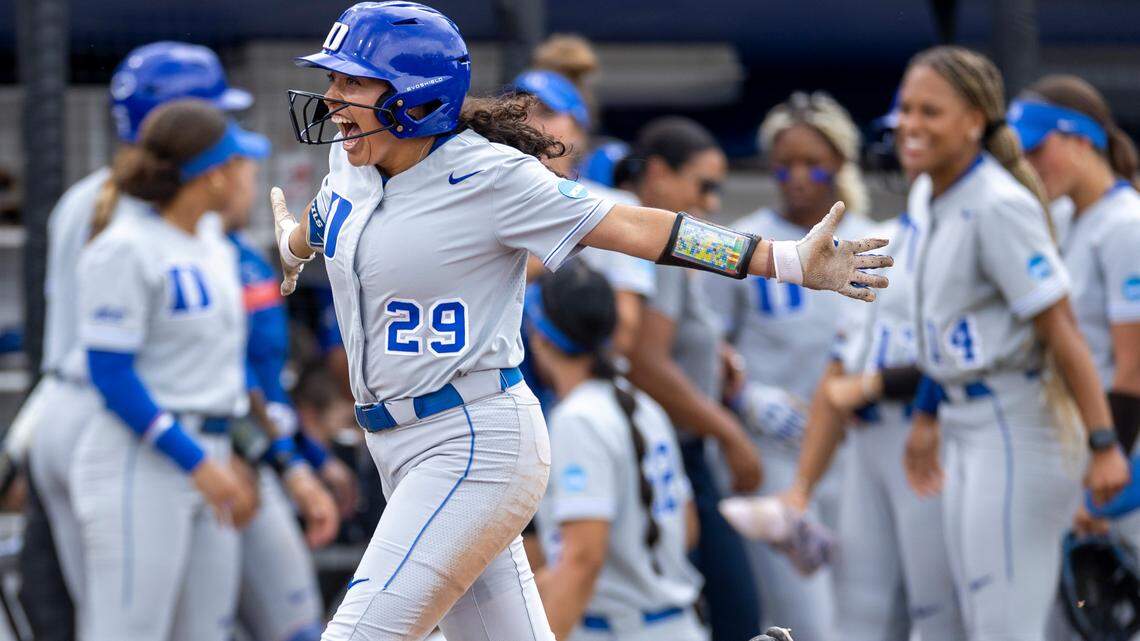 Duke’s Gisele Tapia (29) celebrates as she heads to home after connecting for a home run in the bottom of the fifth inning, to take a 1-0 lead against Morgan State, during the NCAA Softball Regional at Duke Softball Stadium on Friday, May 17, 2024 in Durham, N.C. Duke scored four runs on five hits in the fifth inning.