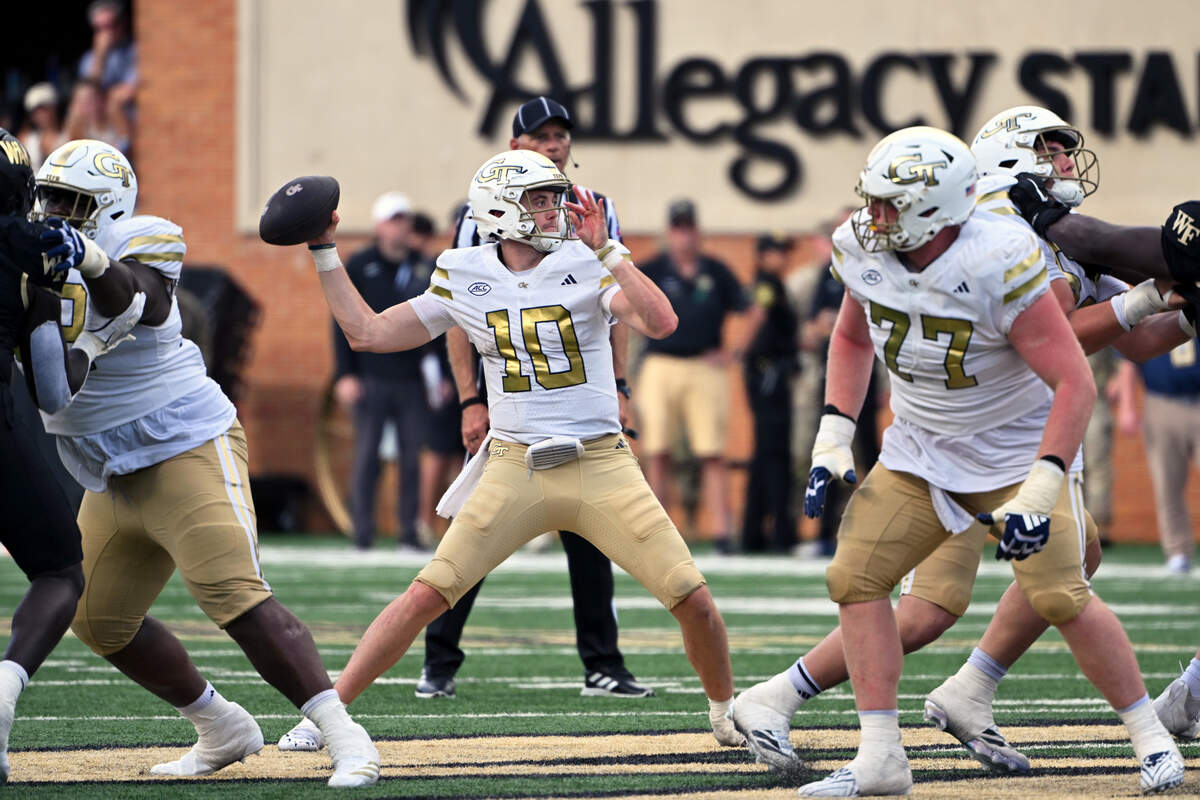 Sep 27, 2025; Winston-Salem, North Carolina, USA; Georgia Tech Yellow Jackets quarterback Haynes King (10) throws a pass during the fourth quarter against the Wake Forest Demon Deacons at Allegacy Federal Credit Union Stadium. Mandatory Credit: Zachary Taft-Imagn Images