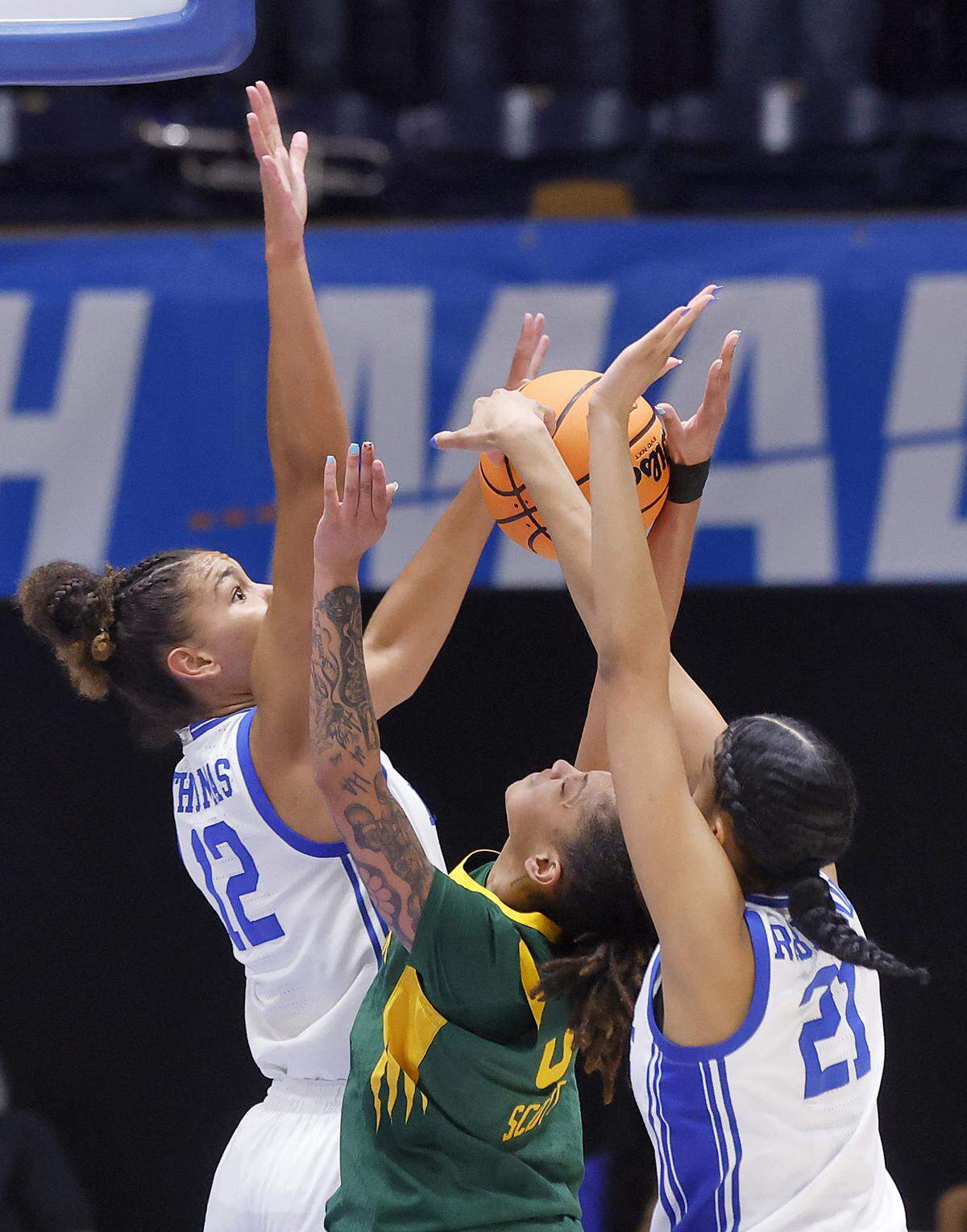 Duke’s Delaney Thomas and Arianna Roberson pressure a shot by Baylor’s Taliah Scott during the first half of the Blue Devils’ 69-46 second-round NCAA Tournament win on Sunday, March 22, 2026, at Cameron Indoor Stadium in Durham, N.C.