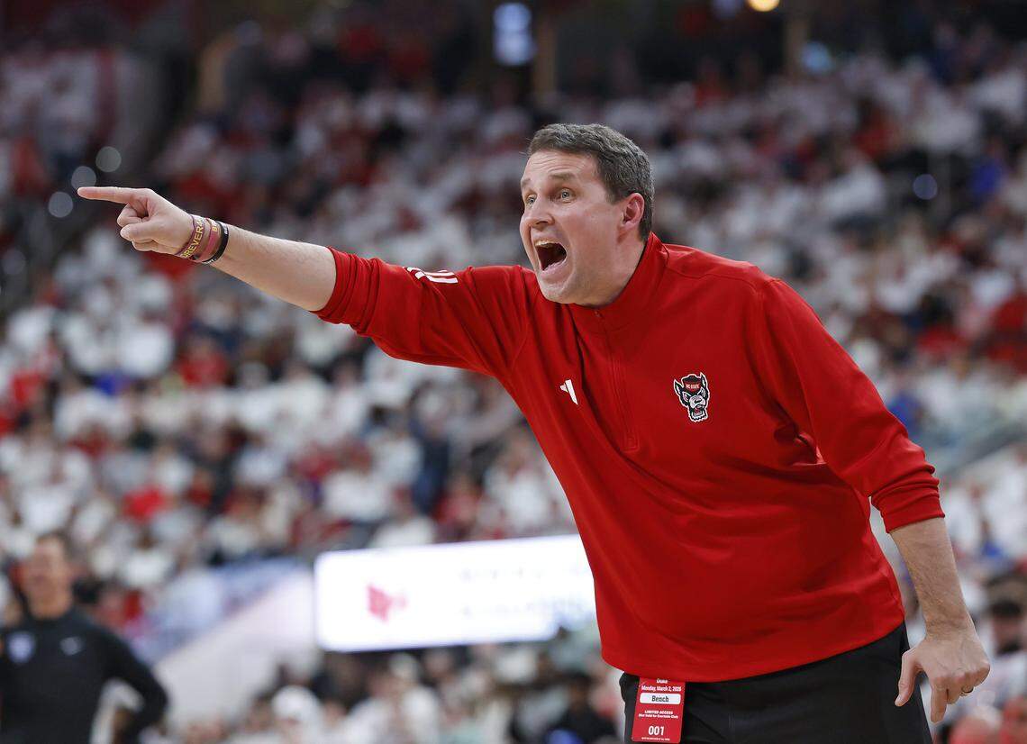 NC State head coach Will Wade gives instructions during the first half of the Wolfpack’s game against Duke on Monday, March 2, 2026, at Lenovo Center in Raleigh, N.C. 