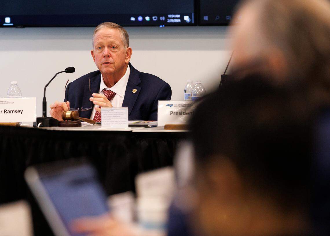 Randy Ramsey, chair of the UNC System Board of Governors, speaks during a meeting on Thursday, Feb. 29, 2024, in Raleigh, N.C.