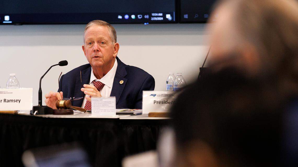 Randy Ramsey, chair of the UNC System Board of Governors, speaks during a meeting on Thursday, Feb. 29, 2024, in Raleigh, N.C.
