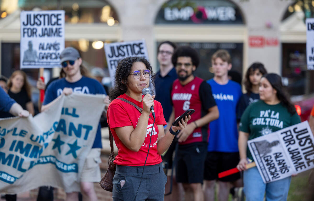 Amy Aponte speaks during a rally organized by the Party for Socialism and Liberation at CCB Plaza in Durham on Wednesday, July 23, 2025, demanding that ICE officers stay out of the city. An organizer with Siembra NC said federal Immigration and Customs Enforcement officers were at the Durham County Courthouse to detain a man who was scheduled to appear in court on Wednesday. The unidentified man did not show up.