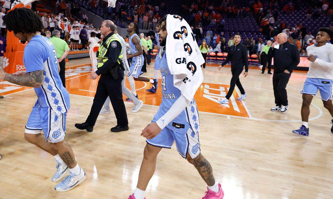 North Carolina’s RJ Davis (4) walks off the court after Clemson’s 85-65 victory at Littlejohn Coliseum in Clemson, S.C., Monday, Feb. 10, 2025.