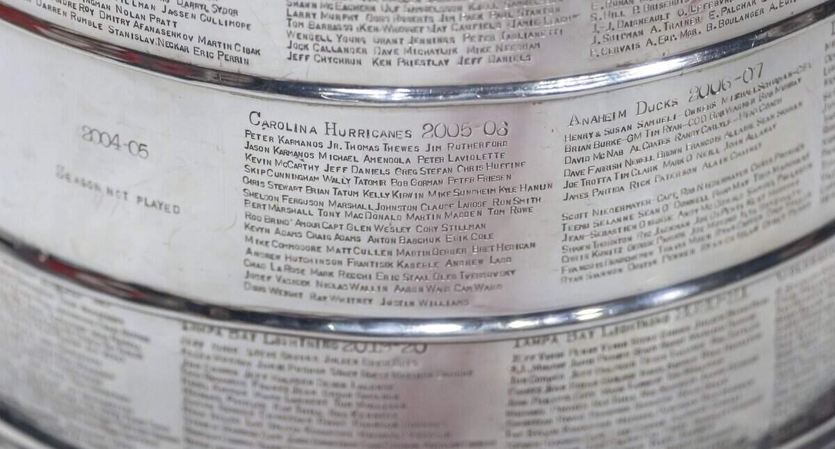 The names of the 2006 Carolina Hurricanes are shown on the Stanley Cup, after the 2026 team defeated Vegas 3-0 in Game 6, to secure the Cup for the second time, on Sunday, June 14, 2026 at T-Mobile Arena in Las Vegas, NV.
