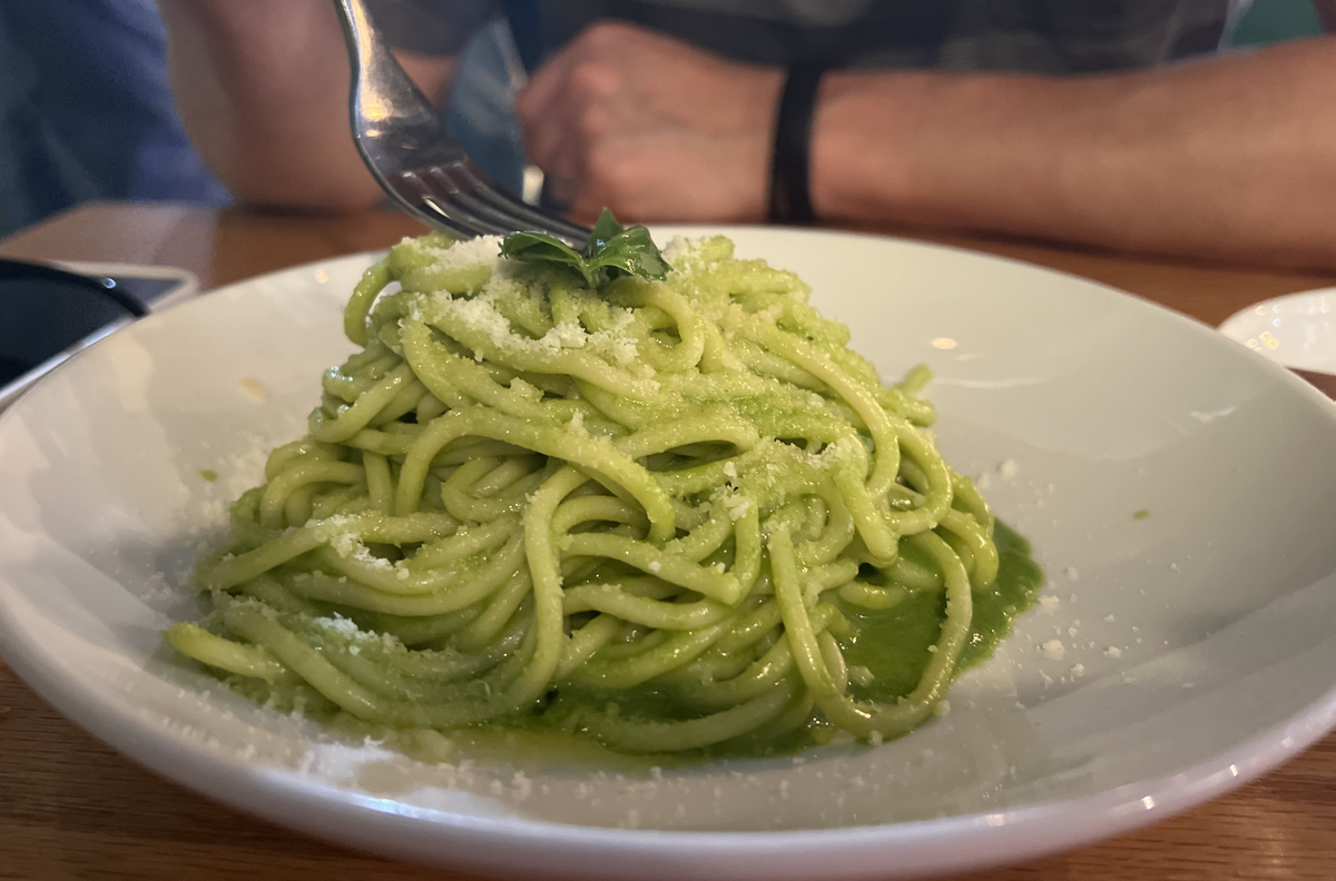 Tesoro serves Spaghetti with Basil Pesto and Grana Padano, a bundle of silky noodles slathered in punchy-green pesto.