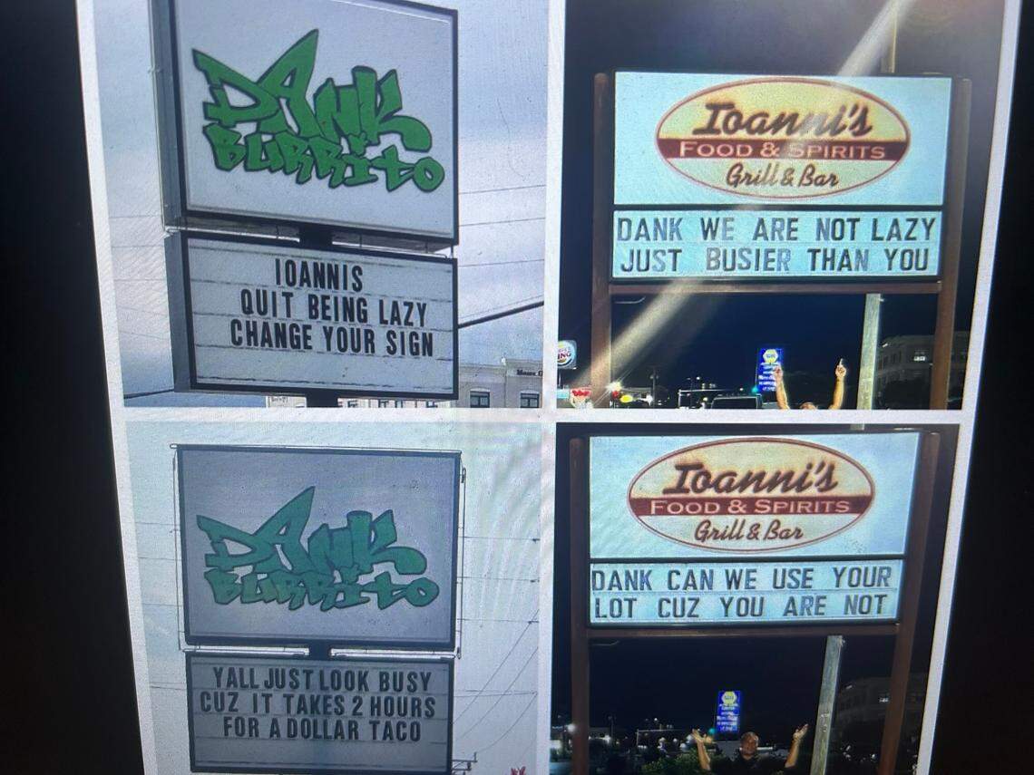 A few exchanges between Dank Burrito and Ioanni’s Grill & Bar in Morehead City, which has sparked the viral #SignWars