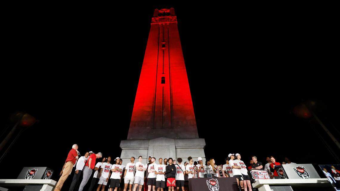The N.C. State men’s and women’s basketball teams gathered at the Memorial Belltower Monday, April 15, 2024, for a celebration of both teams making the NCAA Tournament Final Four.