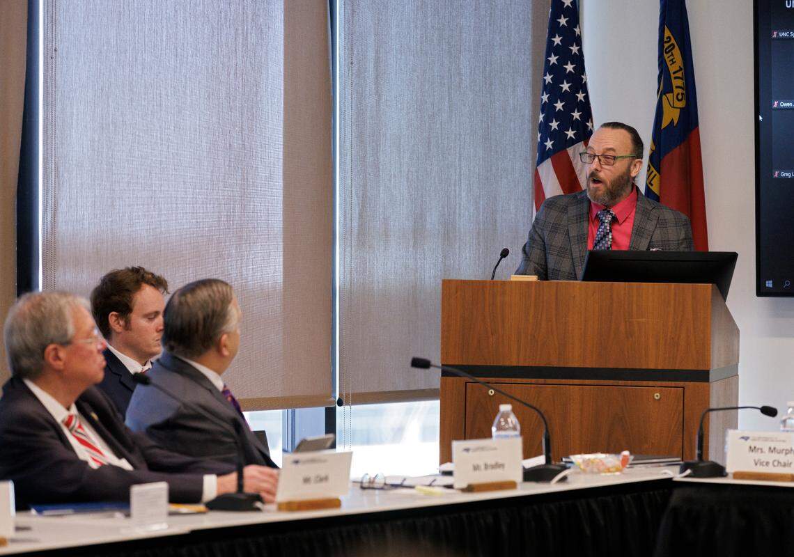 Wade Maki, chair of the UNC Faculty Assembly, speaks during a meeting of the UNC System Board of Governors on Thursday, Feb. 29, 2024, in Raleigh, N.C.