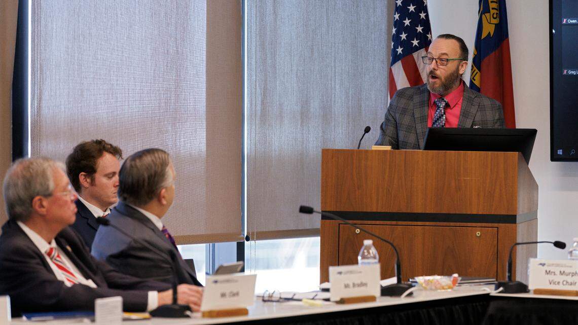 Wade Maki, chair of the UNC Faculty Assembly, speaks during a meeting of the UNC System Board of Governors on Thursday, Feb. 29, 2024, in Raleigh, N.C.