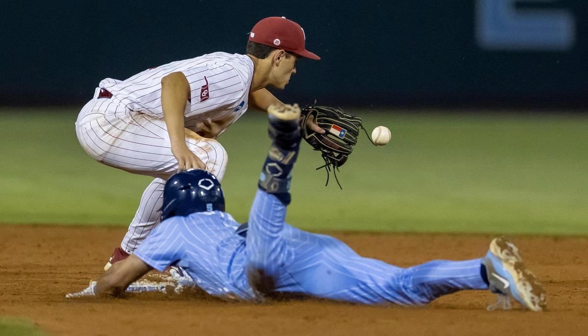 North Carolina third baseman Gavin Gallaher (5) slides safely into second base after connecting for a double in the seventh inning, ahead of the throw to Oklahoma second baseman Kyle Branch (6) during Game 6 of the NCAA Chapel Hill Regional on Sunday, June 1, 2025 at Boshamer Stadium in Chapel Hill, N.C.
