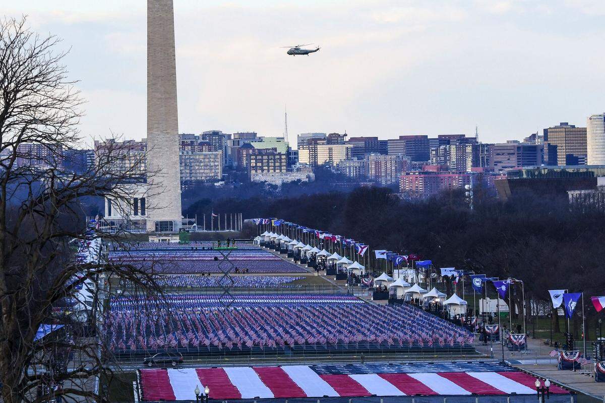 Marine One with President Donald Trump onboard leaves the White House ahead of President-elect Joe Biden’s inauguration ceremony, Wednesday, Jan. 20, 2021, in Washington.