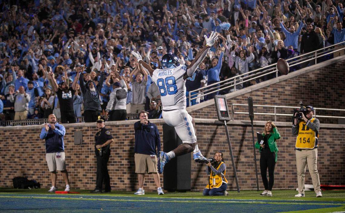 North Carolina’s Kamari Morales (88) reacts after scoring a touchdown on a 10 yard pass from quarterback Drake Maye in the first quarter against Duke on Saturday, October 15, 2022 at Wallace-Wade Stadium in Durham, N.C.