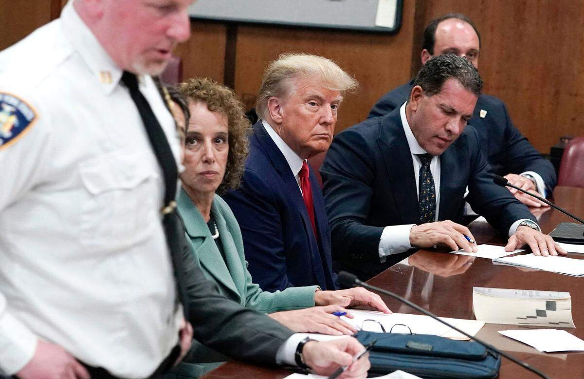 Former U.S. president Donald Trump appears in court at the Manhattan Criminal Court in New York on Tuesday, April 4, 2023.