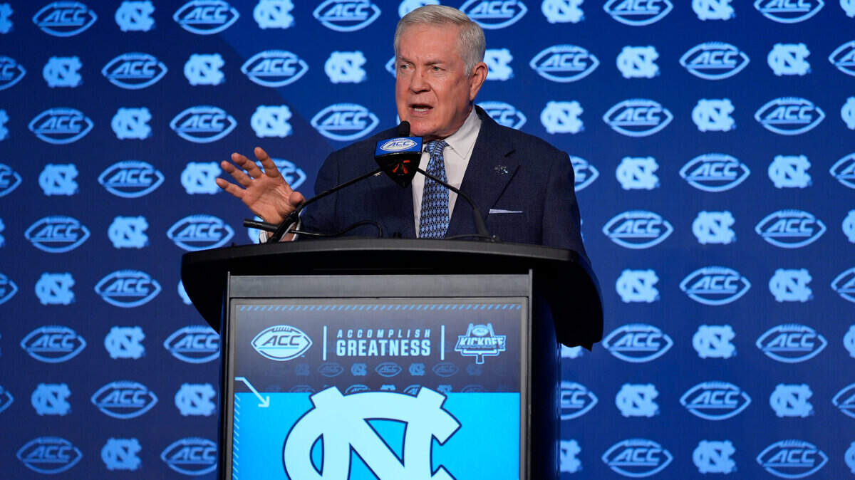UNC Tar Heels head coach Mack Brown speaks to the media during the ACC Kickoff at Hilton Charlotte Uptown.