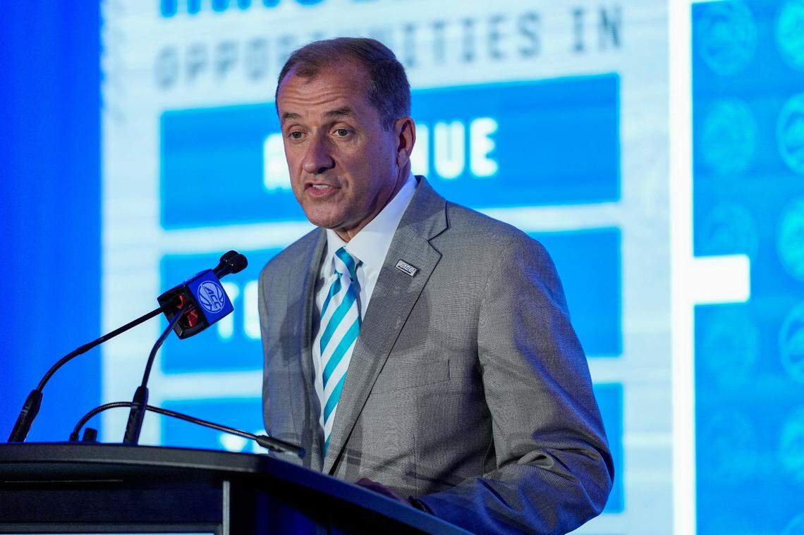 Oct 9, 2024; Charlotte, NC, USA; ACC commissioner Jim Phillips during ACC Media Days at The Hilton Charlotte Uptown. Mandatory Credit: Jim Dedmon-Imagn Images