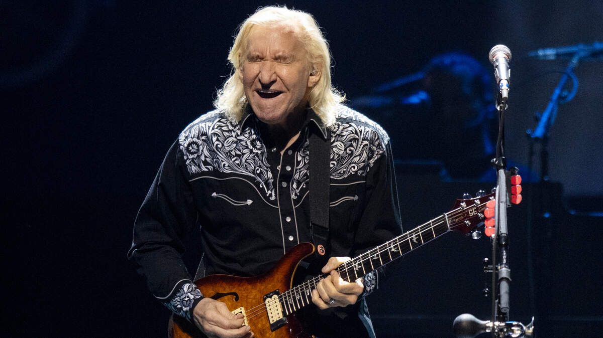 Joe Walsh on guitar as the Eagles perform “Take It Easy” during their ‘The Long Goodbye’ Final Tour show at Raleigh, N.C.’s PNC Arena, Thursday night, Nov. 9, 2023.