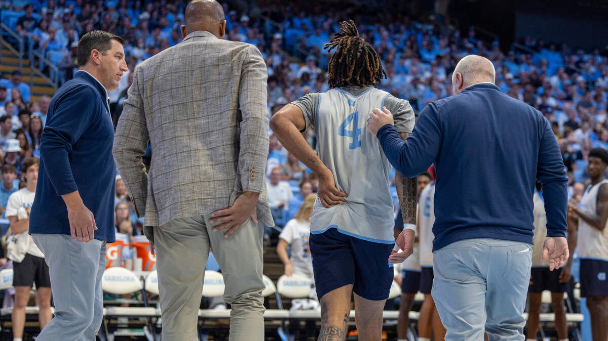 North Carolina’s R.J. Davis (4) walks off the court after a hard foul and a fall to the court in the second half during the Tar Heels’ Blue vs. White scrimmage on Saturday, October 12, 2024 at the Smith Center in Chapel Hill, N.C.