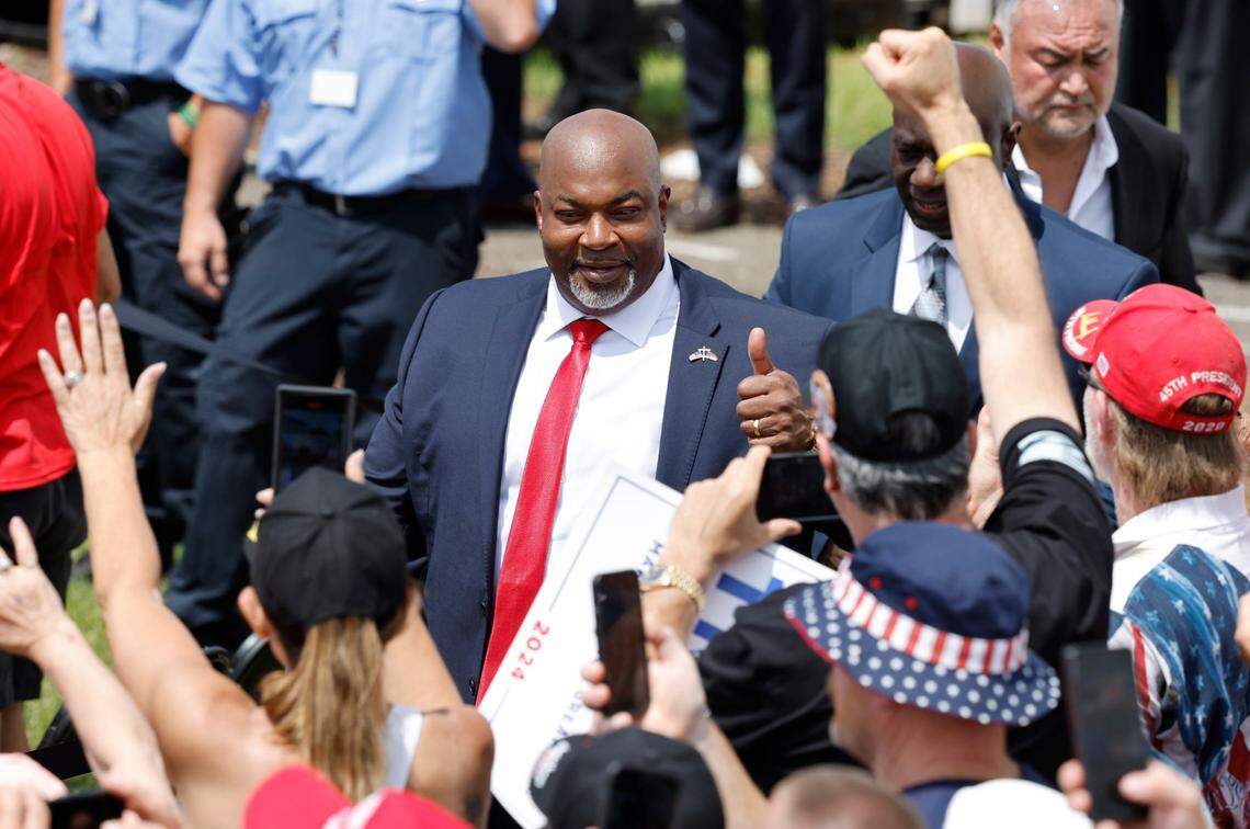Republican NC governor candidate, Lt. Gov. Mark Robinson greets the crowd before remarks by Republican candidate for President Donald Trump in Asheboro, N.C., Wednesday, August 21, 2024.