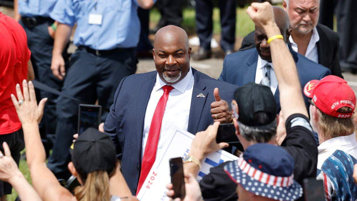 Republican NC governor candidate, Lt. Gov. Mark Robinson greets the crowd before remarks by Republican candidate for President Donald Trump in Asheboro, N.C., Wednesday, August 21, 2024.