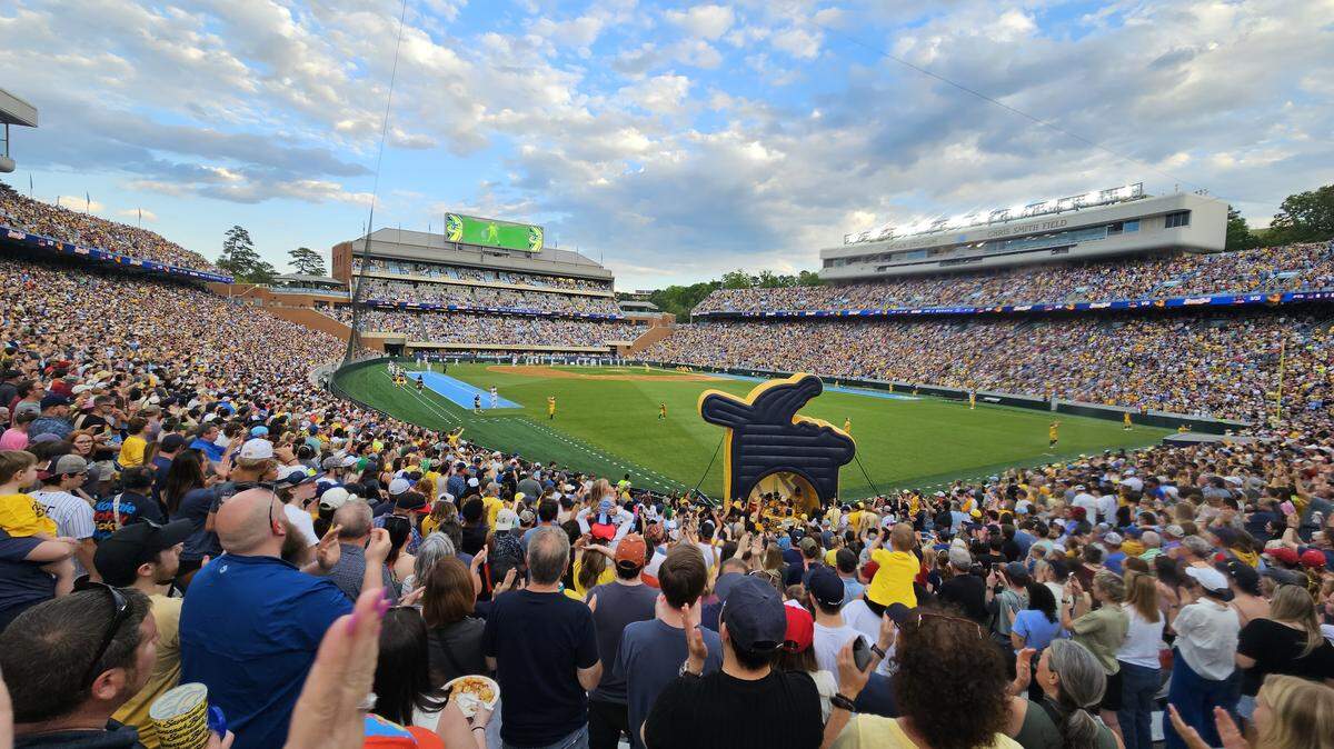 The Savannah Bananas play the Texas Tailgaters April 11, 2026, the first of two games at UNC-Chapel Hill’s Kenan Stadium. The April 11-12 event drew more than 100,000 fans to Chapel Hill.