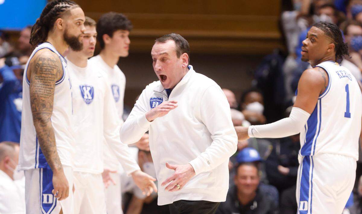 Duke head coach Mike Krzyzewski canít believe the call during the first half of Dukeís game against UNC at Cameron Indoor Stadium in Durham, N.C., Saturday, March 5, 2022.