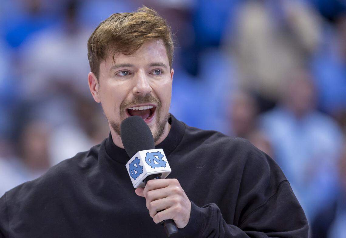 Jimmy Donaldson, the YouTube influencer MrBeast, addresses the halftime of the North Carolina men’s basketball game on Saturday, December 13, 2025 at the Smith Center in Chapel Hill, N.C.