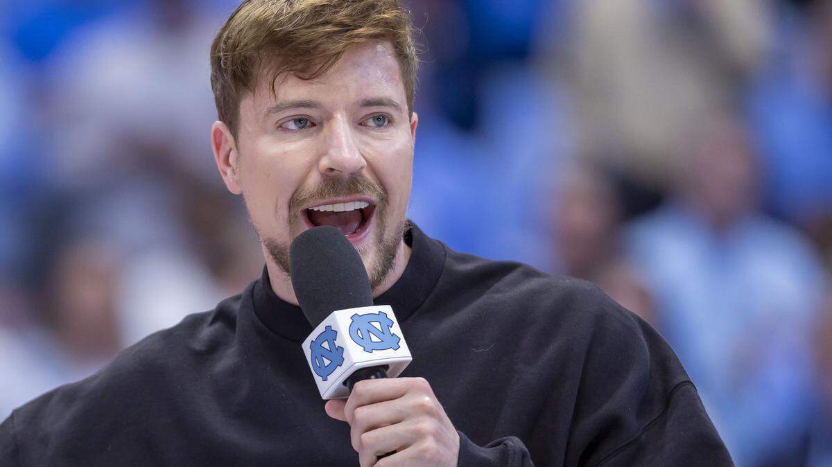Jimmy Donaldson, the YouTube influencer MrBeast, addresses the halftime of the North Carolina men’s basketball game on Saturday, December 13, 2025 at the Smith Center in Chapel Hill, N.C.