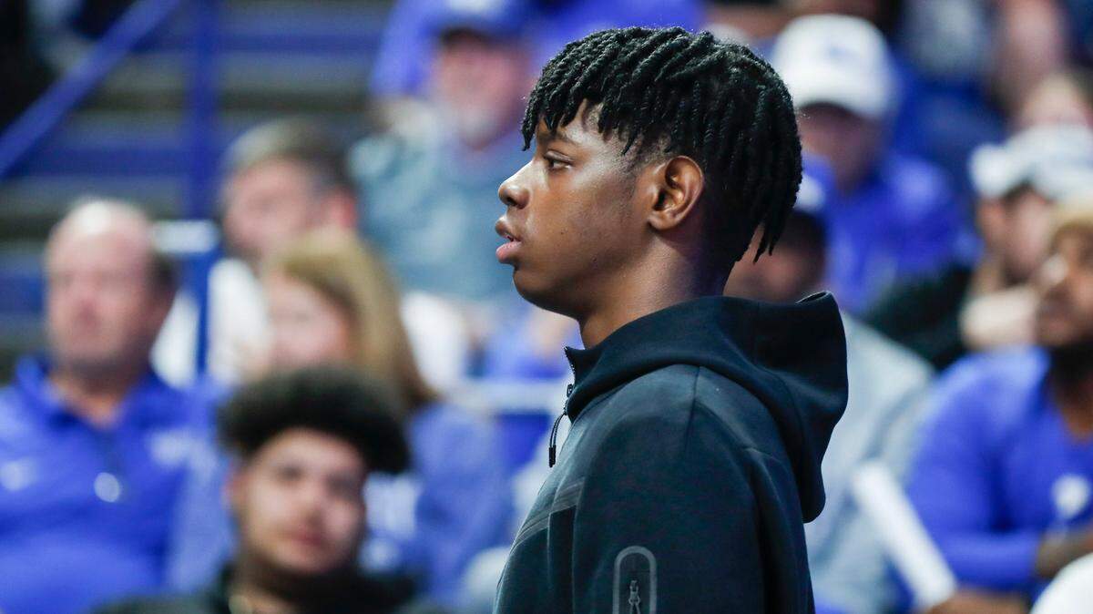 Caleb Wilson watches during Big Blue Madness at Rupp Arena in Lexington, Ky, Friday, October 13, 2023. Wilson was being intensely recruited by Kentucky but landed by UNC coach Hubert Davis and his staff. 