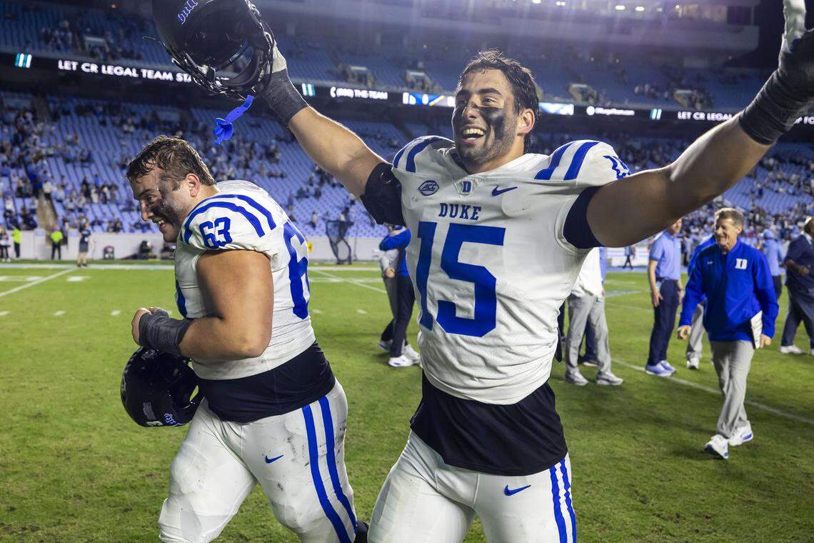 Duke defensive end Kevin O’Connor (15) celebrates the Blue Devils’ 32-25 victory over North Carolina on Saturday, November 22, 2025 at Kenan Stadium in Chapel Hill, N.C.  