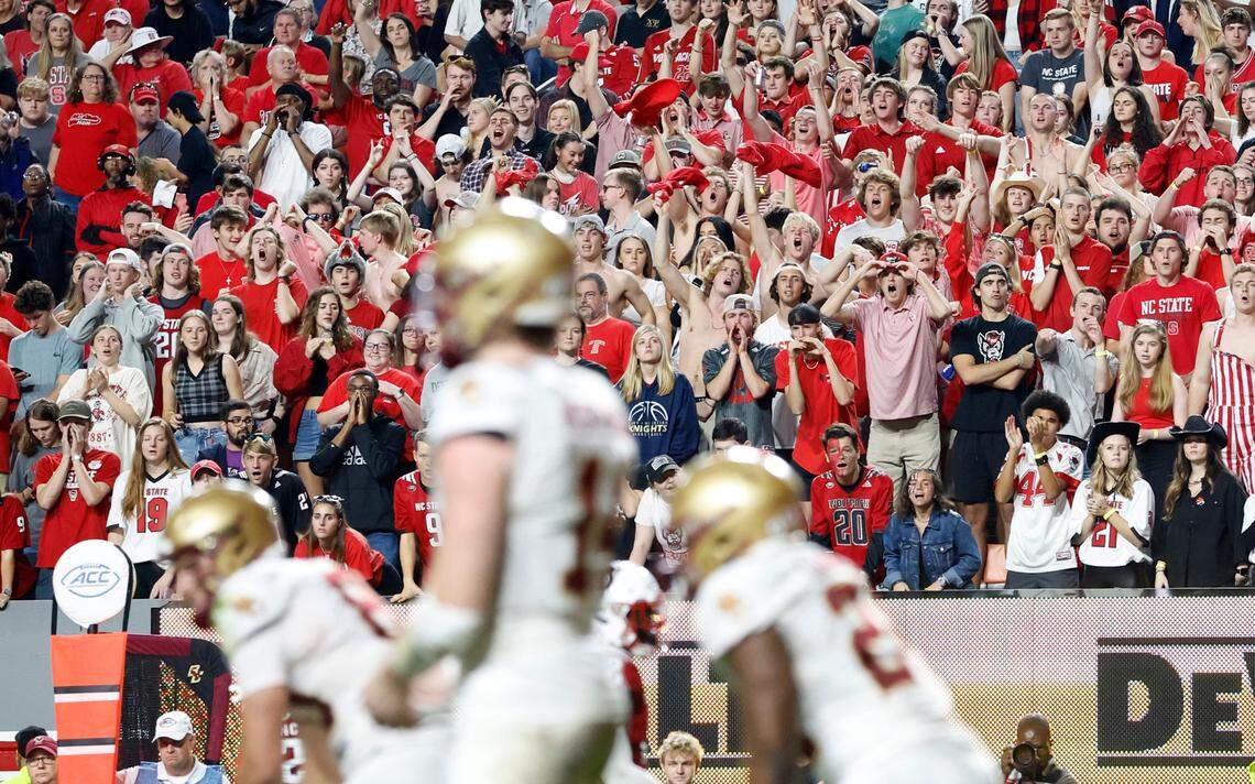 Wolfpack fans try to disrupt Boston College as they prepare to run a play during the second half of Boston College’s 21-20 victory over N.C. State at Carter-Finley Stadium in Raleigh, N.C., Saturday, Nov. 12, 2022.