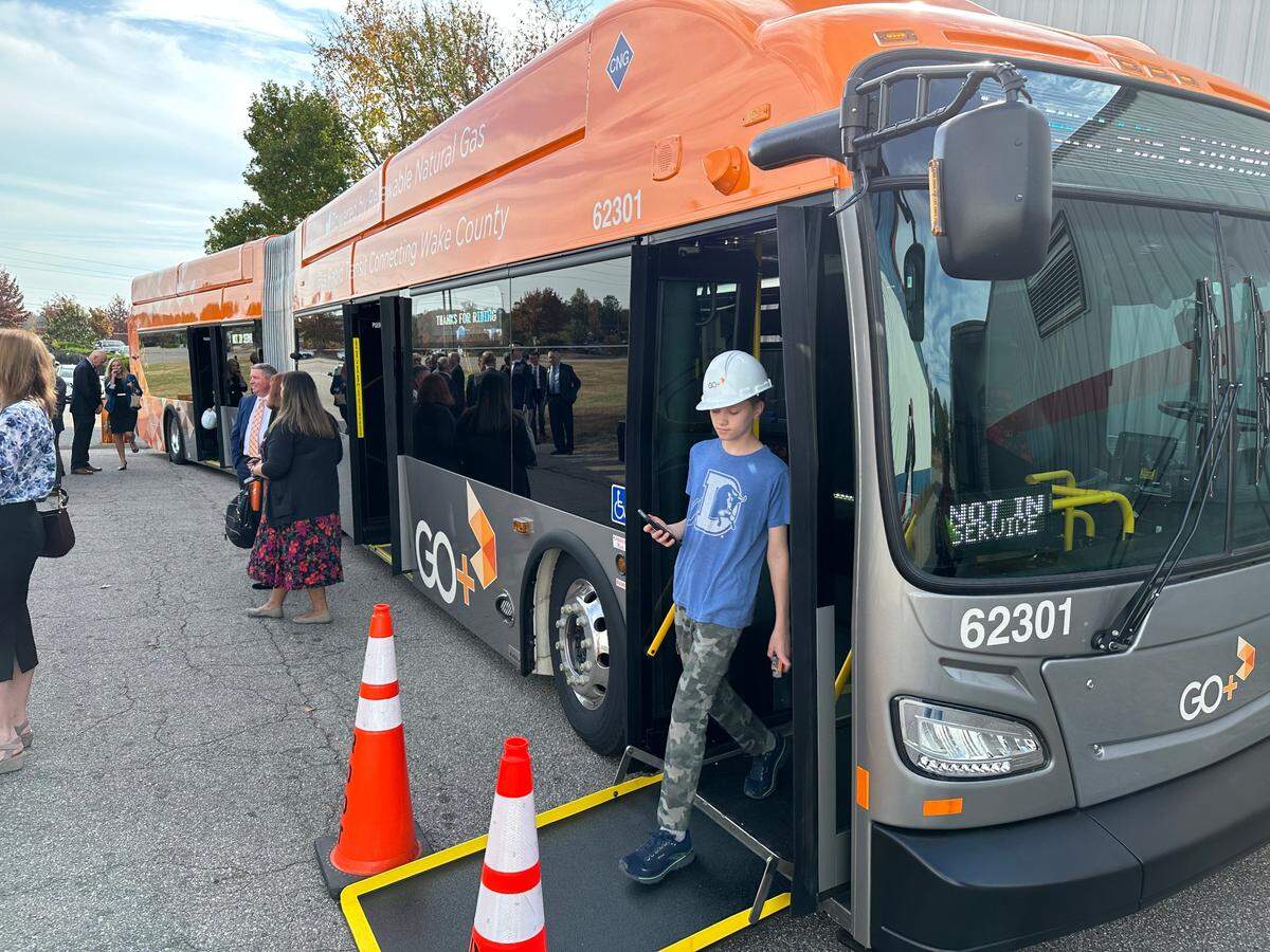 GoRaleigh will use special 60-foot articulated buses on the New Bern Avenue bus rapid transit line when it’s completed. The city presented one of the buses at a groundbreaking ceremony for the BRT project on Nov. 7, 2023.