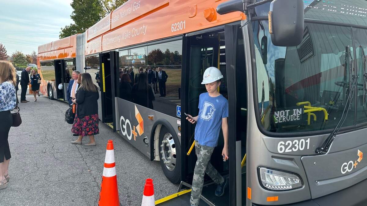 GoRaleigh will use special 60-foot articulated buses on the New Bern Avenue bus rapid transit line when it’s completed in 2028. The city presented one of the buses at a groundbreaking ceremony for the BRT project on Nov. 7, 2023.