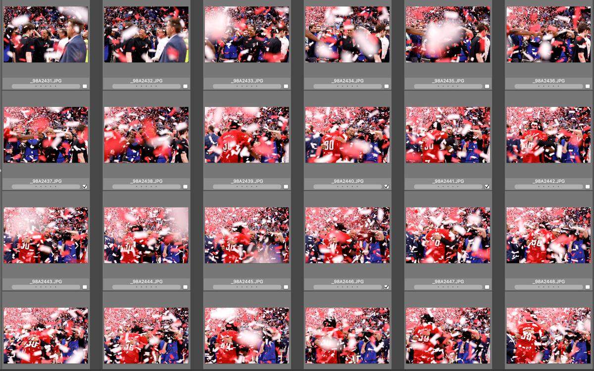 A series of images taken after N.C. State’s victory over North Carolina in the championship game of the 2024 ACC Men’s Basketball Tournament showing the hug between the Wolfpack’s Kevin Keatts and DJ Burns Jr.