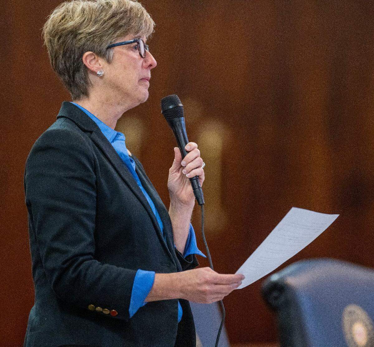 Sen. Julie Mayfield of Buncombe County becomes emotional while asking for more financial assistance and a moratorium on evictions for Western North Carolina in the wake of Hurricane Helene, during debate on SB 743 on Thursday at the General Assembly in Raleigh.