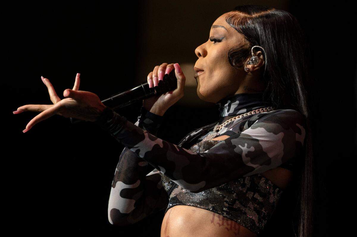 GloRilla woos the audience on the “It’s Only Us Tour” stop at Raleigh, N.C.’s PNC Arena, Monday night, Sept. 11, 2023.