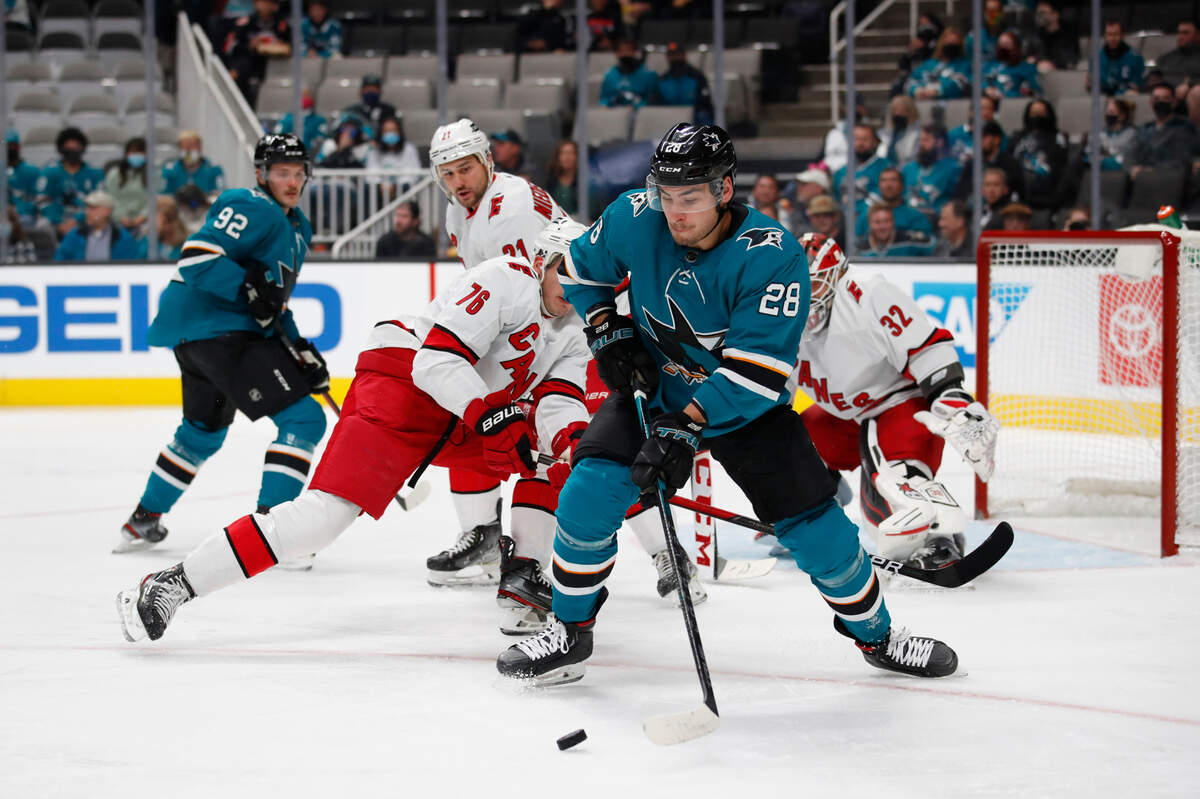San Jose Sharks right wing Timo Meier (28) controls the puck against Carolina Hurricanes defenseman Brady Skjei (76) during the first period of an NHL hockey game Monday, Nov. 22, 2021, in San Jose, Calif. (AP Photo/Josie Lepe)