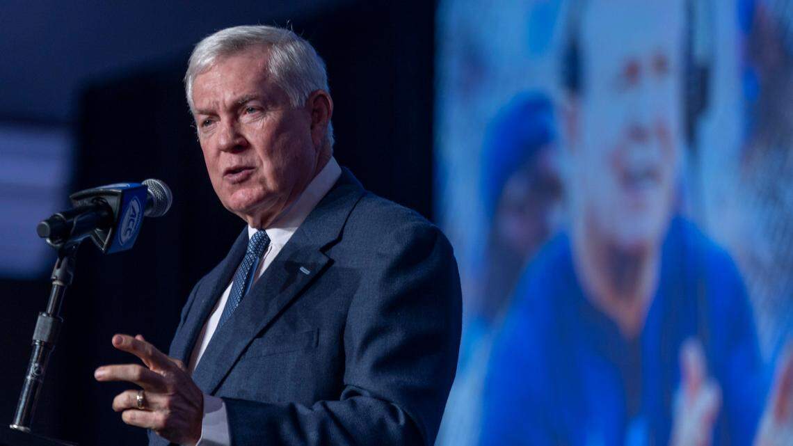 North Carolina coach Mack Brown addresses the media during the 2023 ACC Kickoff on Thursday, July 21, 2023 at the Westin Hotel in Charlotte, N.C.