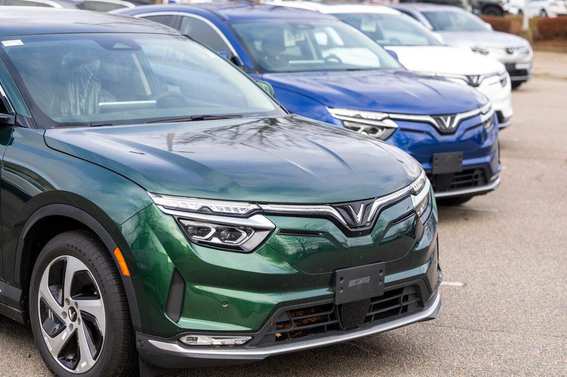 VinFast electric cars sit in the parking lot of the new Leith VinFast dealership in Cary Thursday, Dec. 28, 2023. The Vietnamese automaker announced in March 2022 that it would open an electric vehicle assembly plant in North Carolina.